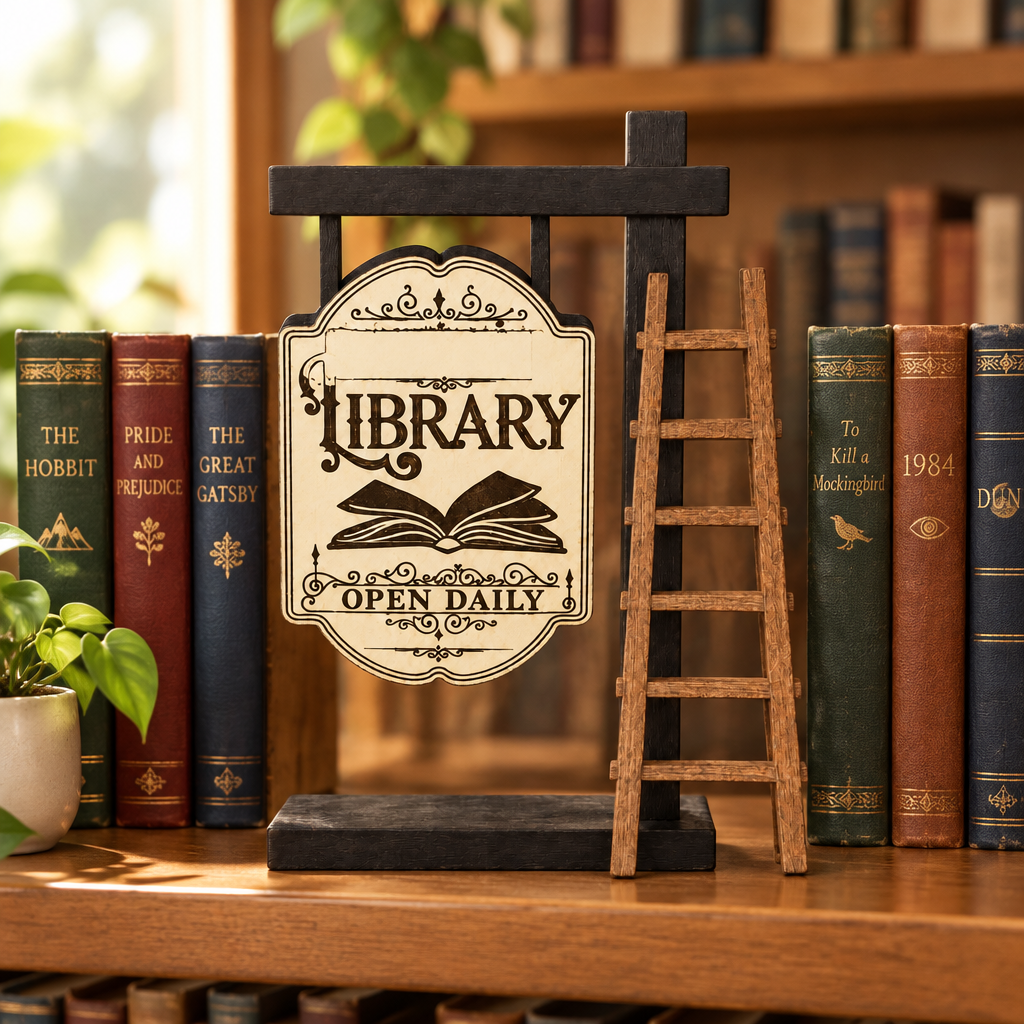 Custom library sign with ladder displayed among books