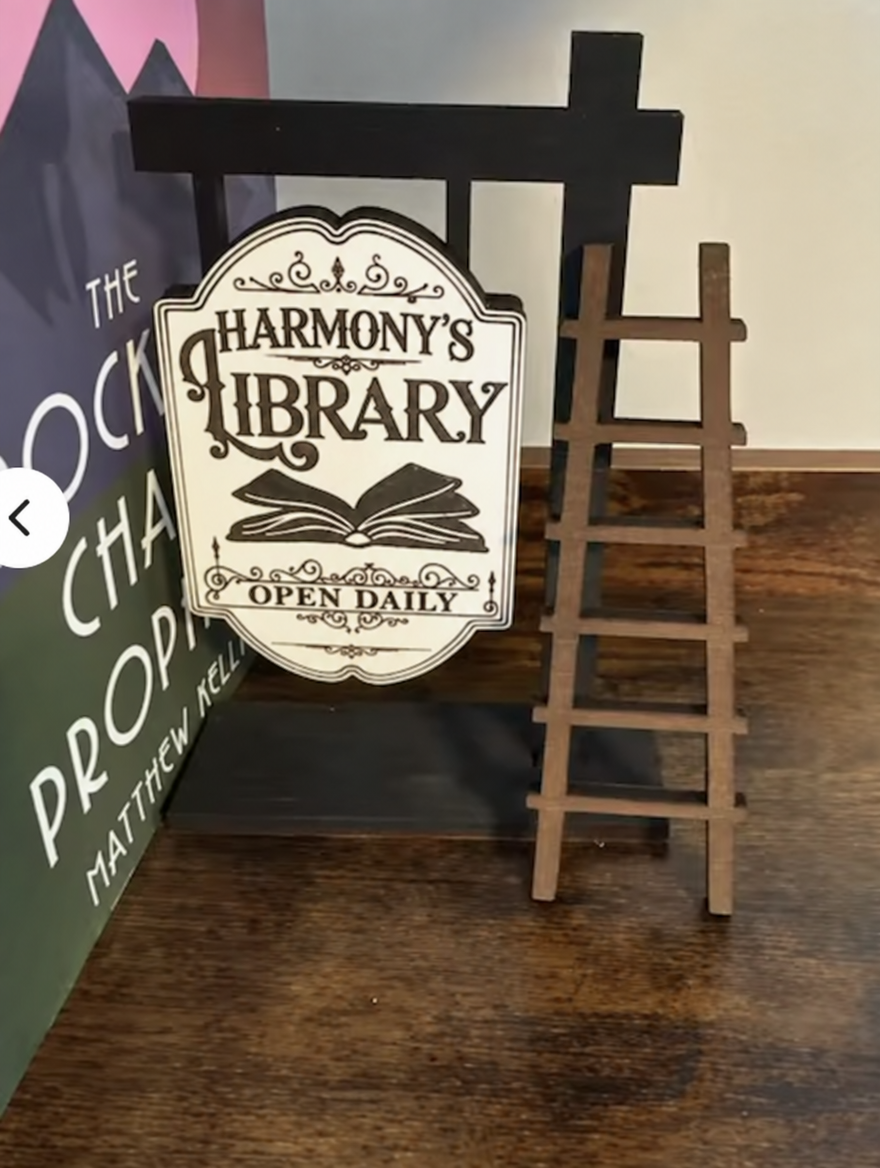 Personalized library sign example with the name Harmony
