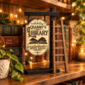 Personalized wooden library sign with mini ladder on a cozy bookshelf