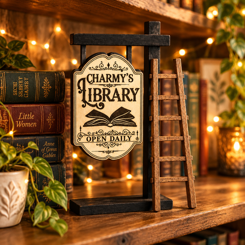 Personalized wooden library sign with mini ladder on a cozy bookshelf