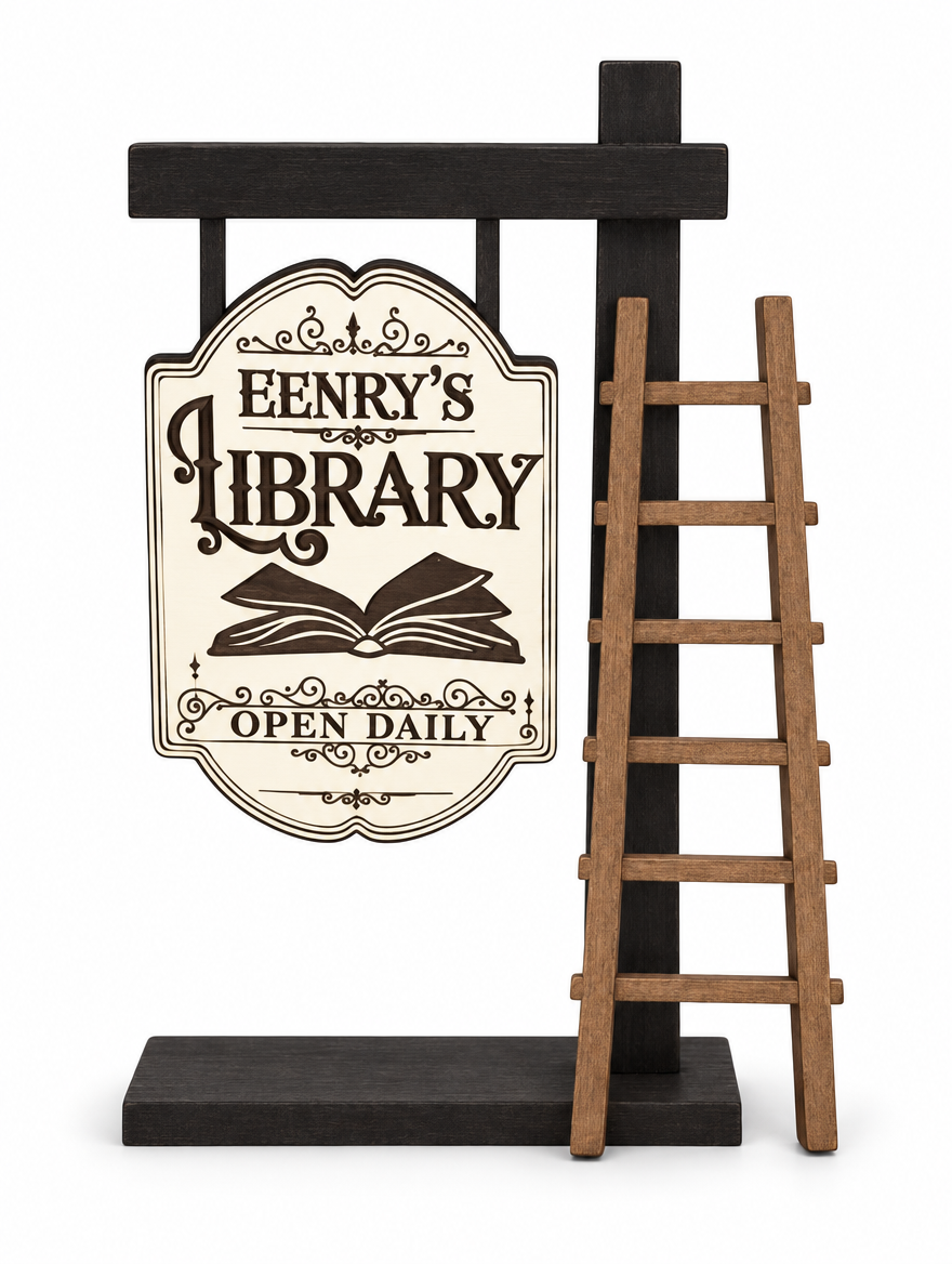 Personalized library sign example with a custom name